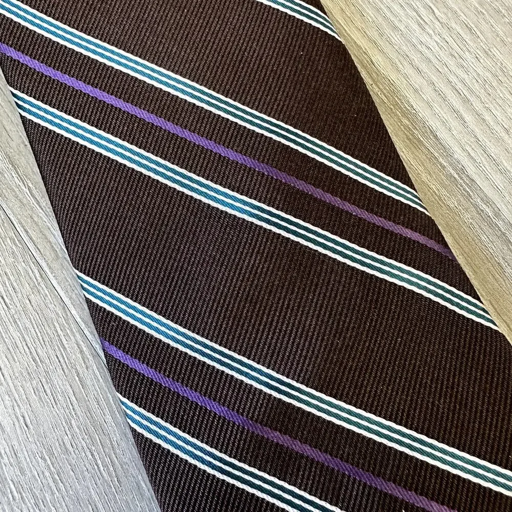 Hickey Freeman Brown Diagonal Stripe Silk Tie Blue White Purple